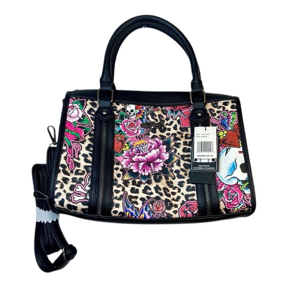 Ed Hardy Handbags - ED HARDY Cheetah Floral Skull Heart Diamond Tiger Vegan Leather Satchel Purse